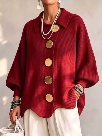 Full Size Ribbed Knit Gold Buttons Cardigan