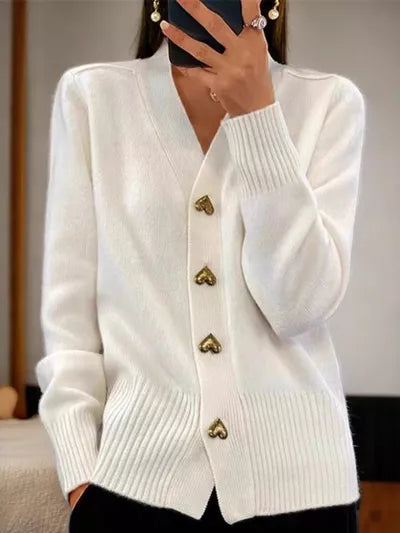 Full Size V-Neck Cardigan with Gold Heart-Shaped Buttons