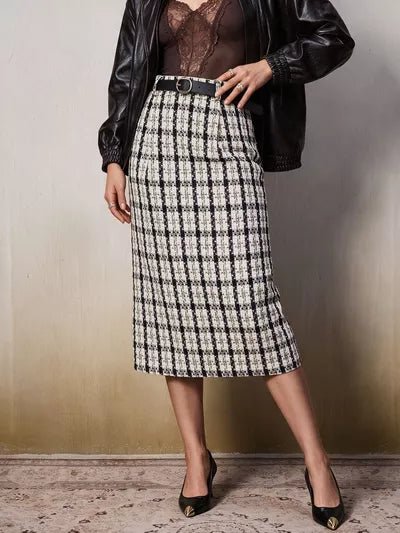 High-Waisted Tweed Plaid Midi Skirt