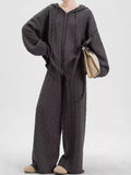 Cable Knit Zip-Up Hooded Cardigan & Wide-Leg Pants Set