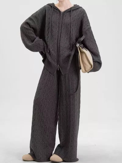 Cable Knit Zip-Up Hooded Cardigan & Wide-Leg Pants Set