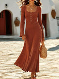 Button-Front Ribbed Knit Maxi Dress