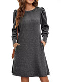 Puff Sleeve Ribbed Knit Dress with Pockets